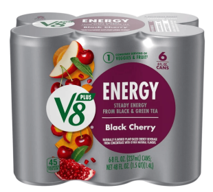 V8 +Energy Black Cherry Juice Energy Drink, 8 fl oz Can, 6 Count