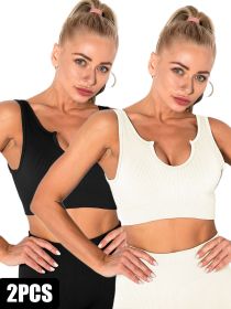2 Pack Seamless Sports Bras For Women Ribbed Sports Bra Workout Tops Cropped Tank Top Sports Bra Yoga (Color: 2PACK, size: L)